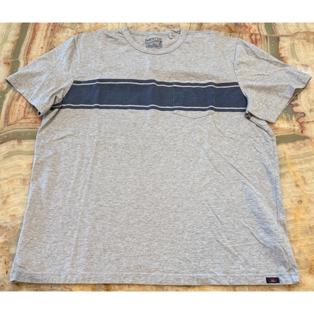 Faherty Mens T-Shirt Heather Gray Blue Striped Sunwashed Organic Cotton Size XL